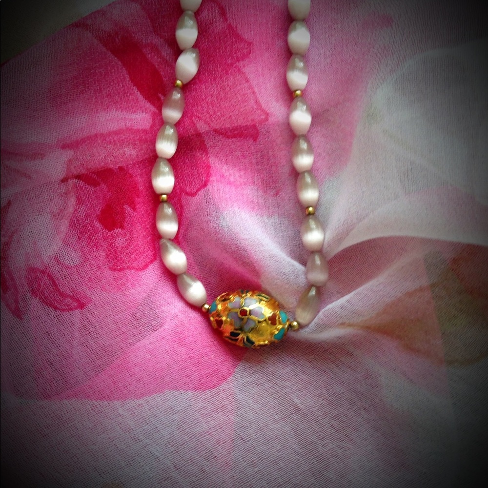 Cat's eye and Champleve' beads hand strung 18" GF